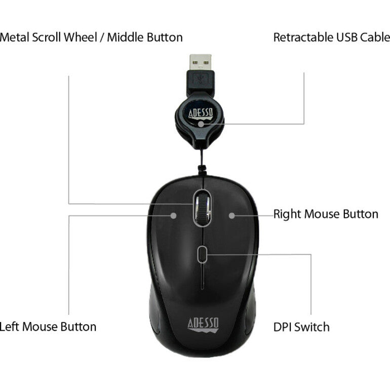 Adesso iMouse S8B - USB Illuminated Retractable Mini Mouse IMOUSE S8B