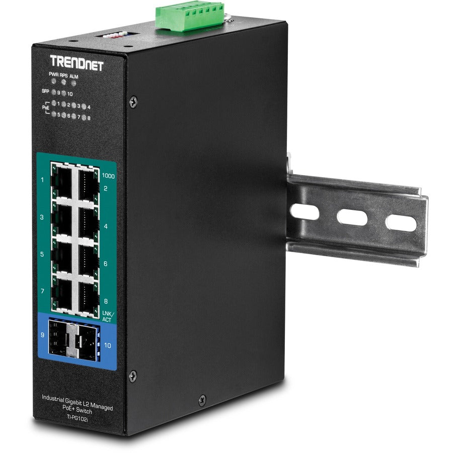 TRENDnet 10-Port Industrial Gigabit L2 Managed PoE+ DIN-Rail Switch, 8 x Gigabit PoE+ Ports, DIN-Rail Mount, 2 x SFP Slots, 2457V DC Power Input, IP30, VLAN, Lifetime Protection, Black, TI-PG102i TI-PG102I