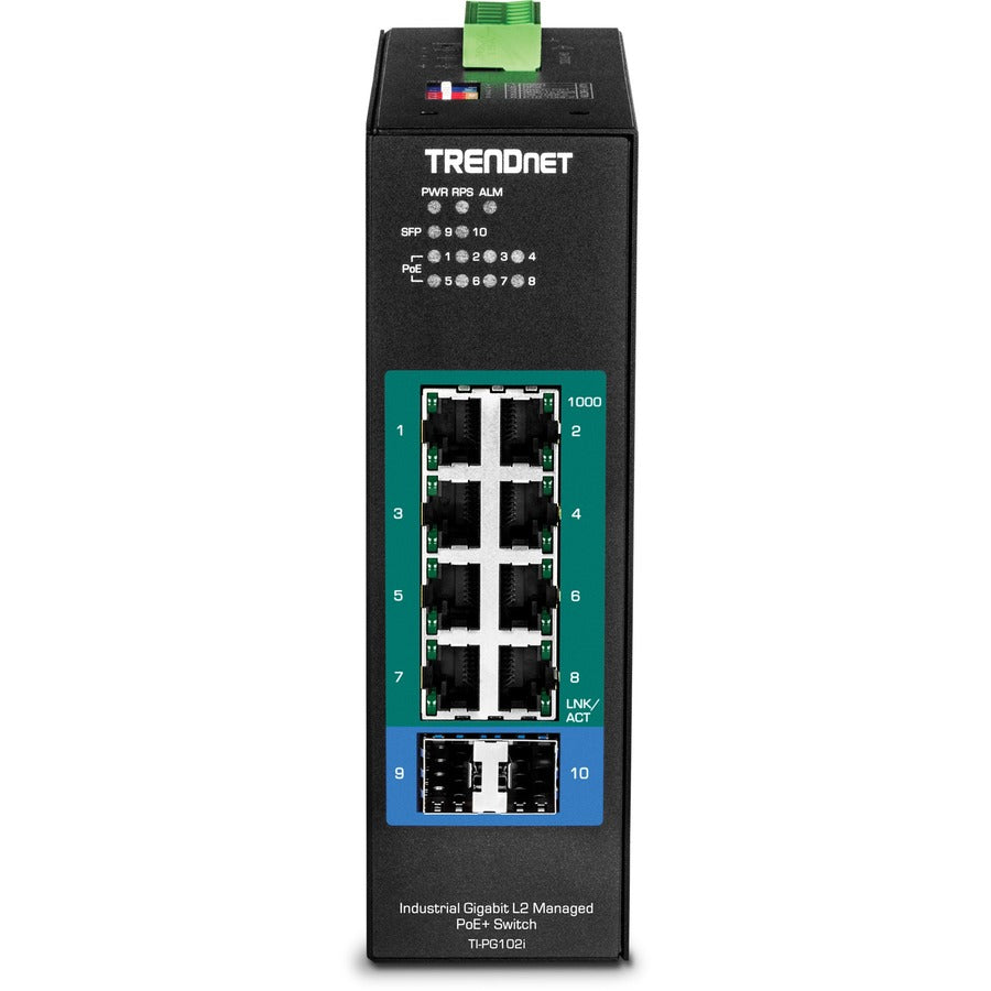 TRENDnet 10-Port Industrial Gigabit L2 Managed PoE+ DIN-Rail Switch, 8 x Gigabit PoE+ Ports, DIN-Rail Mount, 2 x SFP Slots, 2457V DC Power Input, IP30, VLAN, Lifetime Protection, Black, TI-PG102i TI-PG102I