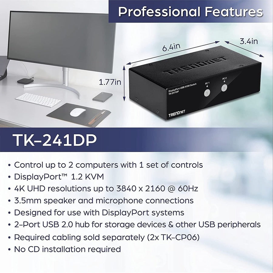 TRENDnet 2-Port DisplayPort KVM Switch, DisplayPort 1.2 KVM, Connect and Control Two Computers, Supports 4K UHD Resolution, 3840 x 2160 at 60Hz, 2-Port USB 2.0 Hub, Black, TK-241DP TK-241DP