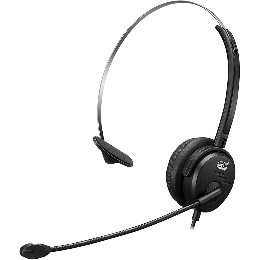 Adesso USB Single-Sided Headset with Adjustable Microphone- Noise Cancelling- Mono - USB - Wired - Over-the-head - 6 ft Cable -, Omni-directional Microphone - Black XTREAM P1