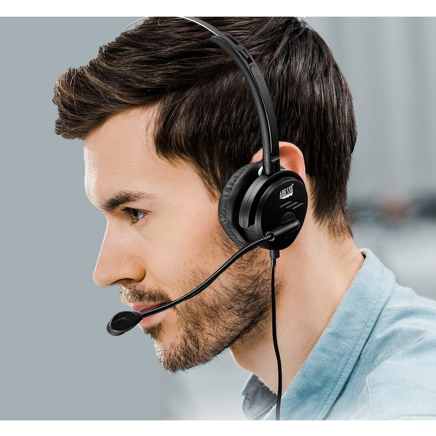 Adesso USB Single-Sided Headset with Adjustable Microphone- Noise Cancelling- Mono - USB - Wired - Over-the-head - 6 ft Cable -, Omni-directional Microphone - Black XTREAM P1