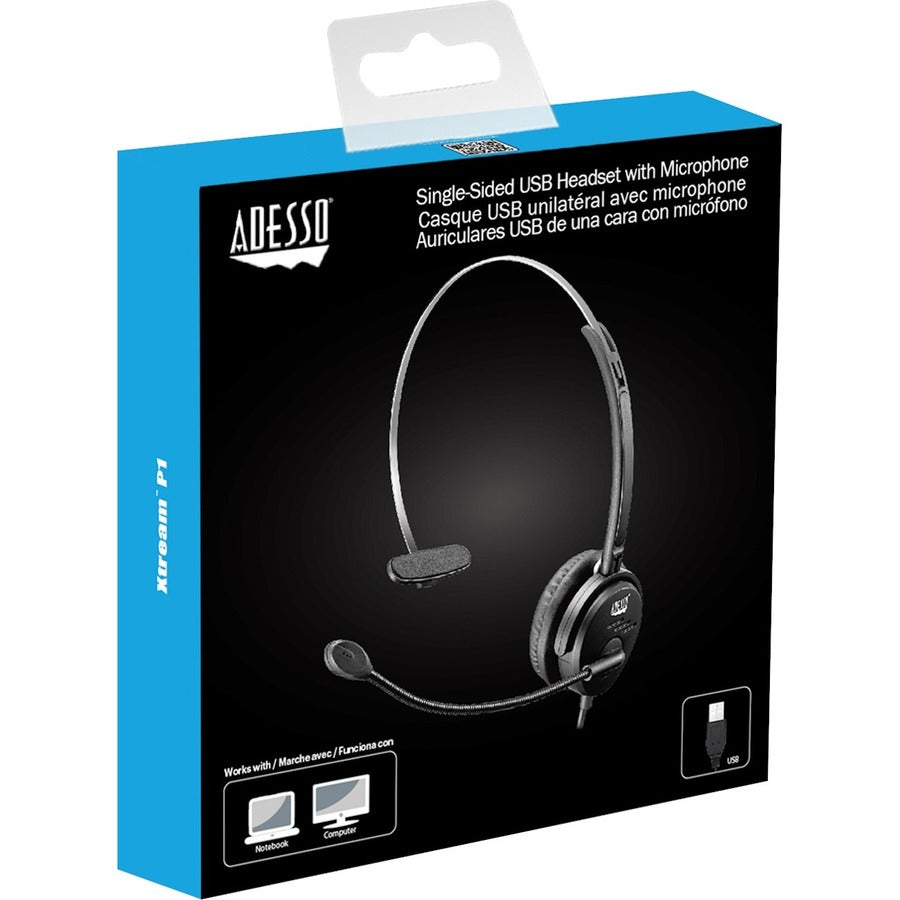 Adesso USB Single-Sided Headset with Adjustable Microphone- Noise Cancelling- Mono - USB - Wired - Over-the-head - 6 ft Cable -, Omni-directional Microphone - Black XTREAM P1
