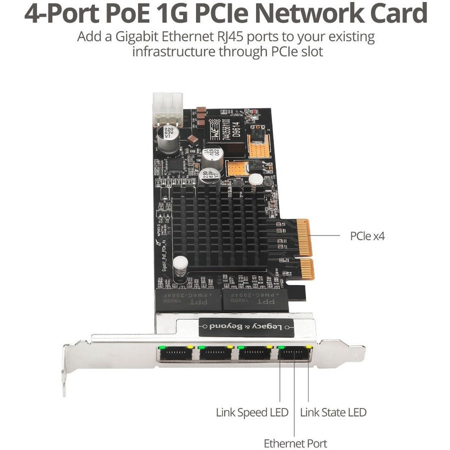 SIIG 4 Port Gigabit Ethernet with POE PCIe Card - Intel 350 LB-GE0811-S1