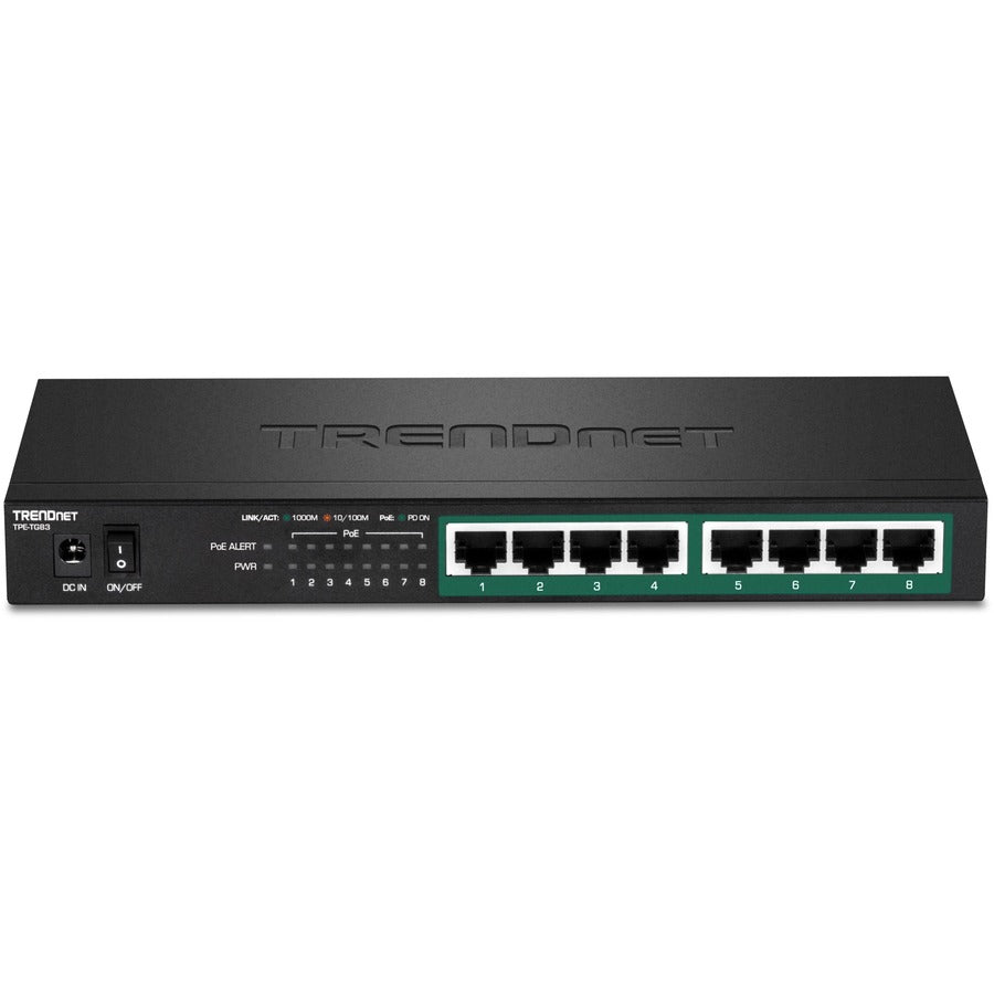 TRENDnet 8-Port Gigabit PoE+ Switch, 65W PoE Power Budget, 16Gbps Switching Capacity, IEEE 802.1p QoS, DSCP Pass-Through Support, Fanless, Wall Mountable, Lifetime Protection, Black, TPE-TG83 TPE-TG83