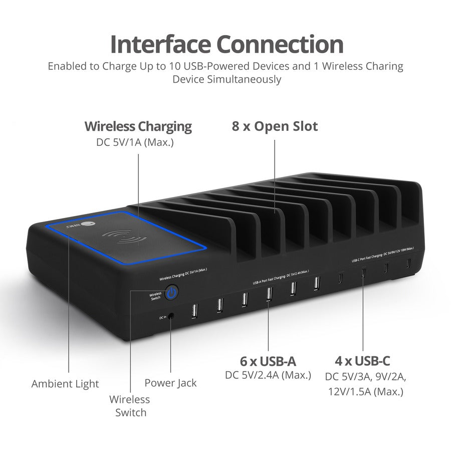 SIIG 10-Port USB-A/C & Wireless Charging Station - 150W AC-PW1R11-S1