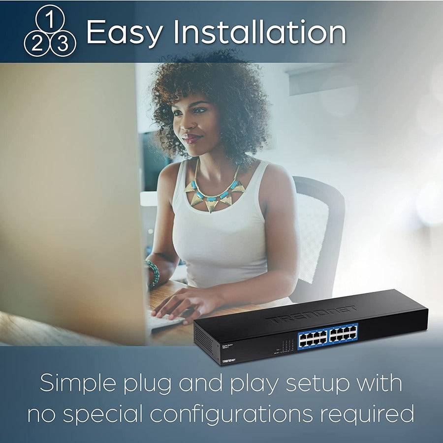 TRENDnet 16-Port Gigabit Switch, TEG-S17, 16 x Gigabit RJ-45 Ports, 32Gbps Switching Capacity, Fanless Design, Metal Enclosure, Internal Power Supply, Lifetime Protection, Black TEG-S17