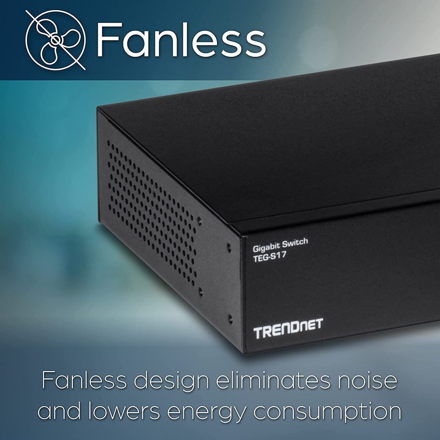 TRENDnet 16-Port Gigabit Switch, TEG-S17, 16 x Gigabit RJ-45 Ports, 32Gbps Switching Capacity, Fanless Design, Metal Enclosure, Internal Power Supply, Lifetime Protection, Black TEG-S17