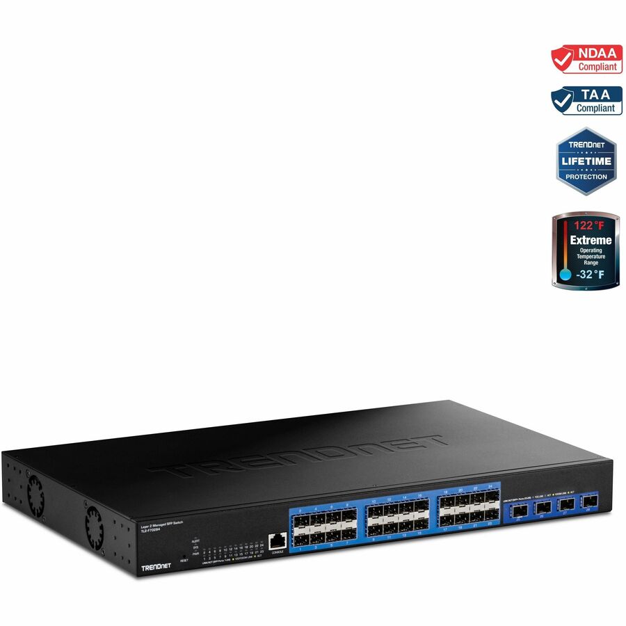 TRENDnet 28-Port Layer 2 Managed SFP Switch with 10G SFP+ Ports, TL2-F70284, 24 x Gigabit SFP Ports, 4 x 10G SFP+ Ports, Web Based Management, 128Gbps Switching Capacity, Lifetime Protection, Black TL2-F70284