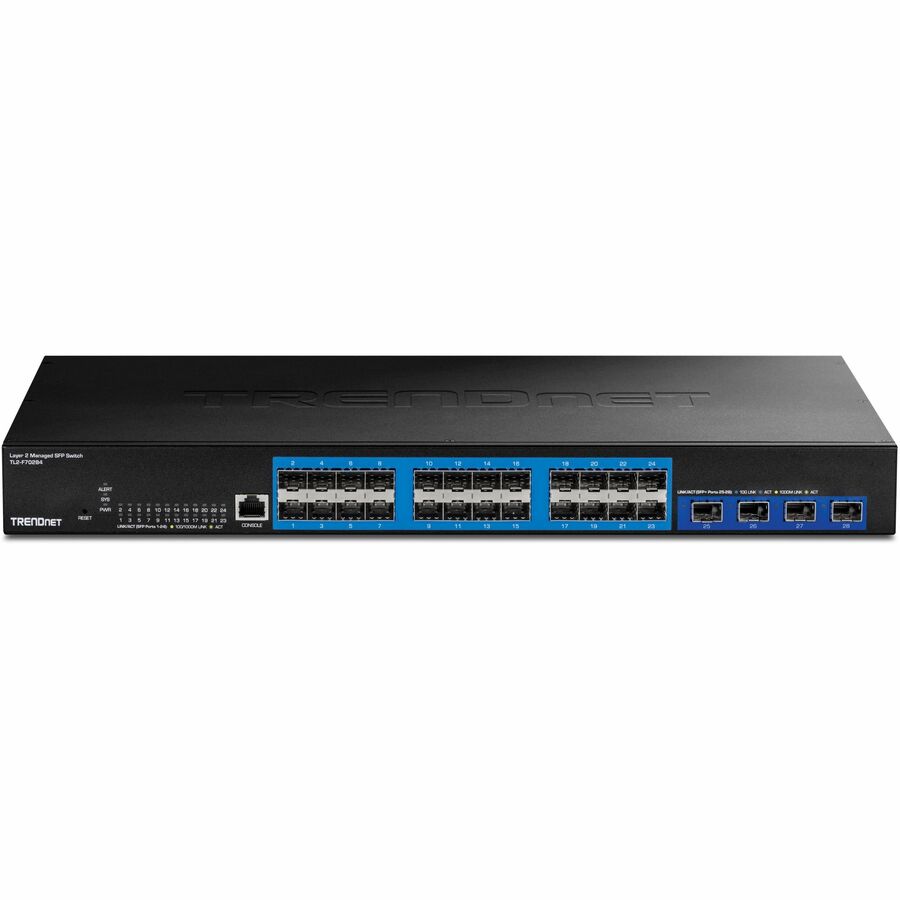 TRENDnet 28-Port Layer 2 Managed SFP Switch with 10G SFP+ Ports, TL2-F70284, 24 x Gigabit SFP Ports, 4 x 10G SFP+ Ports, Web Based Management, 128Gbps Switching Capacity, Lifetime Protection, Black TL2-F70284