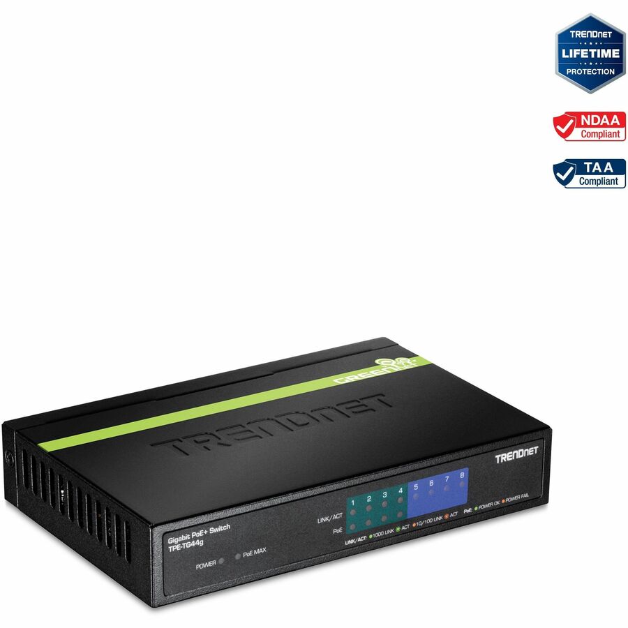 TRENDnet 8-Port Gigabit GREENnet PoE+ Switch, 4 x Gigabit PoE-PoE+ Ports, 4 x Gigabit Ports, 61W Power Budget, 16 Gbps Switch Capacity, Ethernet Unmanaged Switch, Lifetime Protection, Black, TPE-TG44G TPE-TG44g