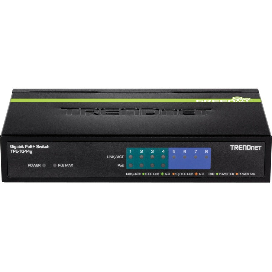 TRENDnet 8-Port Gigabit GREENnet PoE+ Switch, 4 x Gigabit PoE-PoE+ Ports, 4 x Gigabit Ports, 61W Power Budget, 16 Gbps Switch Capacity, Ethernet Unmanaged Switch, Lifetime Protection, Black, TPE-TG44G TPE-TG44g