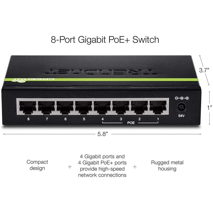 TRENDnet 8-Port Gigabit GREENnet PoE+ Switch, 4 x Gigabit PoE-PoE+ Ports, 4 x Gigabit Ports, 61W Power Budget, 16 Gbps Switch Capacity, Ethernet Unmanaged Switch, Lifetime Protection, Black, TPE-TG44G TPE-TG44g