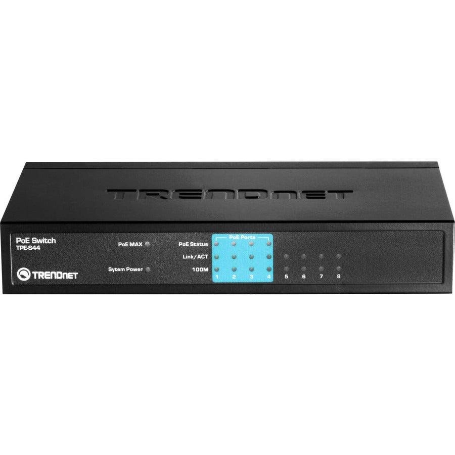 TRENDnet 8-Port 10/100Mbps PoE Switch, 4 x 10/100 Ports, 4 x 10/100 PoE Ports, 30W PoE Power Budget, 1.6 Gbps Switching Capacity, 802.3af, Limited Lifetime Protection, Black, TPE-S44 TPE-S44