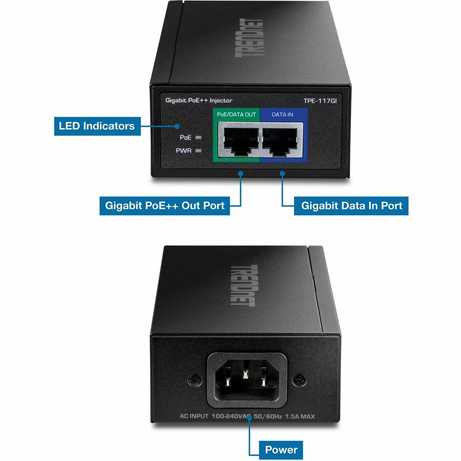 TRENDnet Gigabit PoE++ Injector, Supplies PoE (15.4W), PoE+ (30W), or PoE++ (60W), Network A PoE Device Up To 100m(328 ft), Supports IEEE 802.3af,802.at, Plug & Play, Black, TPE-117GI TPE-117GI