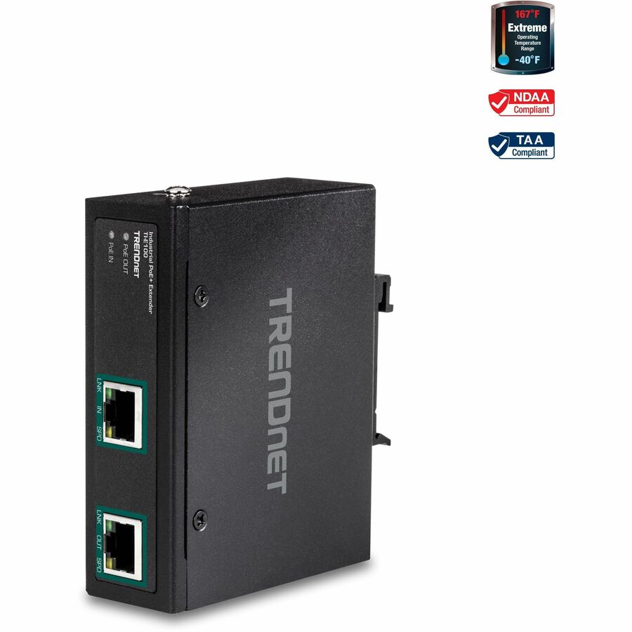 TRENDnet Industrial Gigabit PoE+ Extender, TI-E100, Single Port PoE, Power Over Ethernet, Supports PoE (15.4W) and PoE+ (30W), Extends 100m, Cascade 2 Units for Distance Up to 300m (984 ft.), IP30 TI-E100