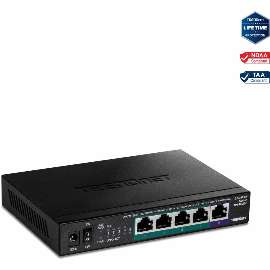 TRENDnet 5-Port Unmanaged 2.5G PoE+ Switch, Fanless, Compact Desktop Design, Metal Housing, 2.5GBASE-T Ports, IEEE 802.3bz, 55W PoE Budget, Lifetime protection, Black, TPE-TG350 TPE-TG350