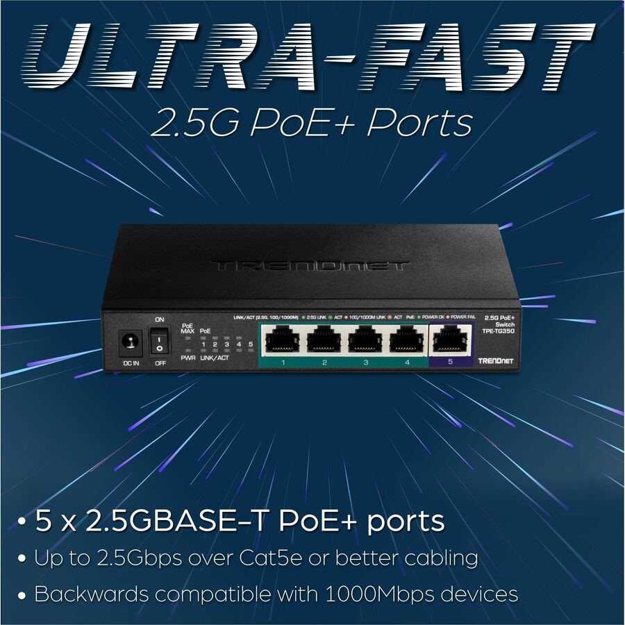 TRENDnet 5-Port Unmanaged 2.5G PoE+ Switch, Fanless, Compact Desktop Design, Metal Housing, 2.5GBASE-T Ports, IEEE 802.3bz, 55W PoE Budget, Lifetime protection, Black, TPE-TG350 TPE-TG350