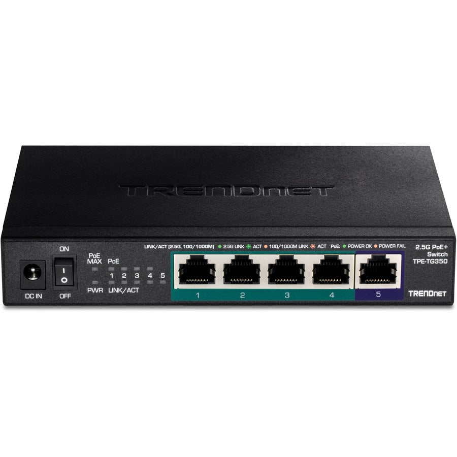 TRENDnet 5-Port Unmanaged 2.5G PoE+ Switch, Fanless, Compact Desktop Design, Metal Housing, 2.5GBASE-T Ports, IEEE 802.3bz, 55W PoE Budget, Lifetime protection, Black, TPE-TG350 TPE-TG350