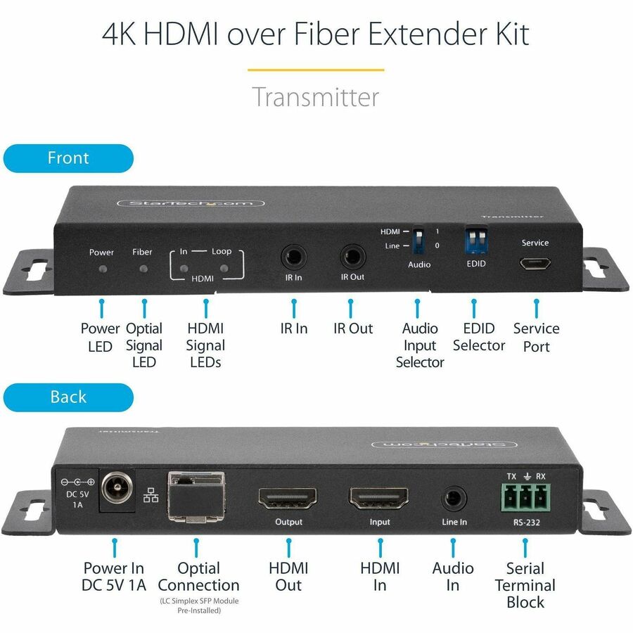 StarTech.com 4K HDMI over Fiber Extender Kit, 4K 60Hz, 3300ft (1km) Single Mode/1000ft (300m) Multimode LC Fiber Optic, HDR, IR Extender ST121HD20FXA2