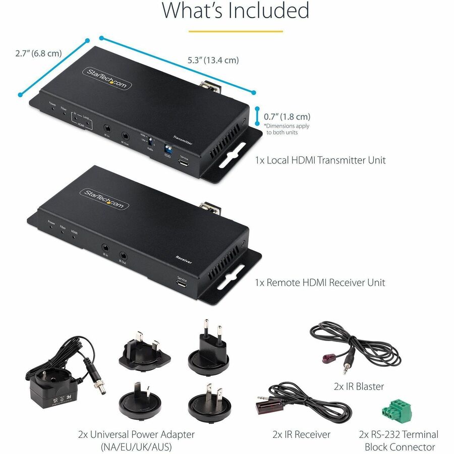 StarTech.com 4K HDMI over Fiber Extender Kit, 4K 60Hz, 3300ft (1km) Single Mode/1000ft (300m) Multimode LC Fiber Optic, HDR, IR Extender ST121HD20FXA2