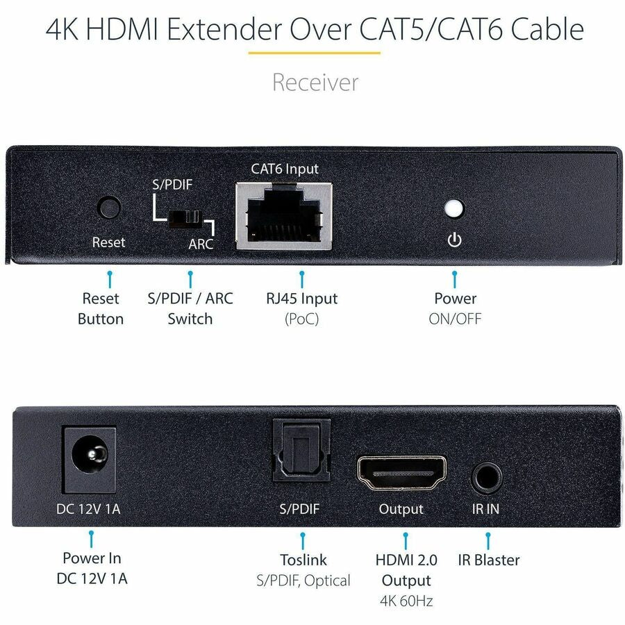 StarTech.com 4K HDMI Extender Over CAT5/CAT6 Cable, 4K 60Hz Video Extender Up to 230ft (70m), HDMI Over Ethernet Cabling, S/PDIF Audio Out 4K70IC-EXTEND-HDMI