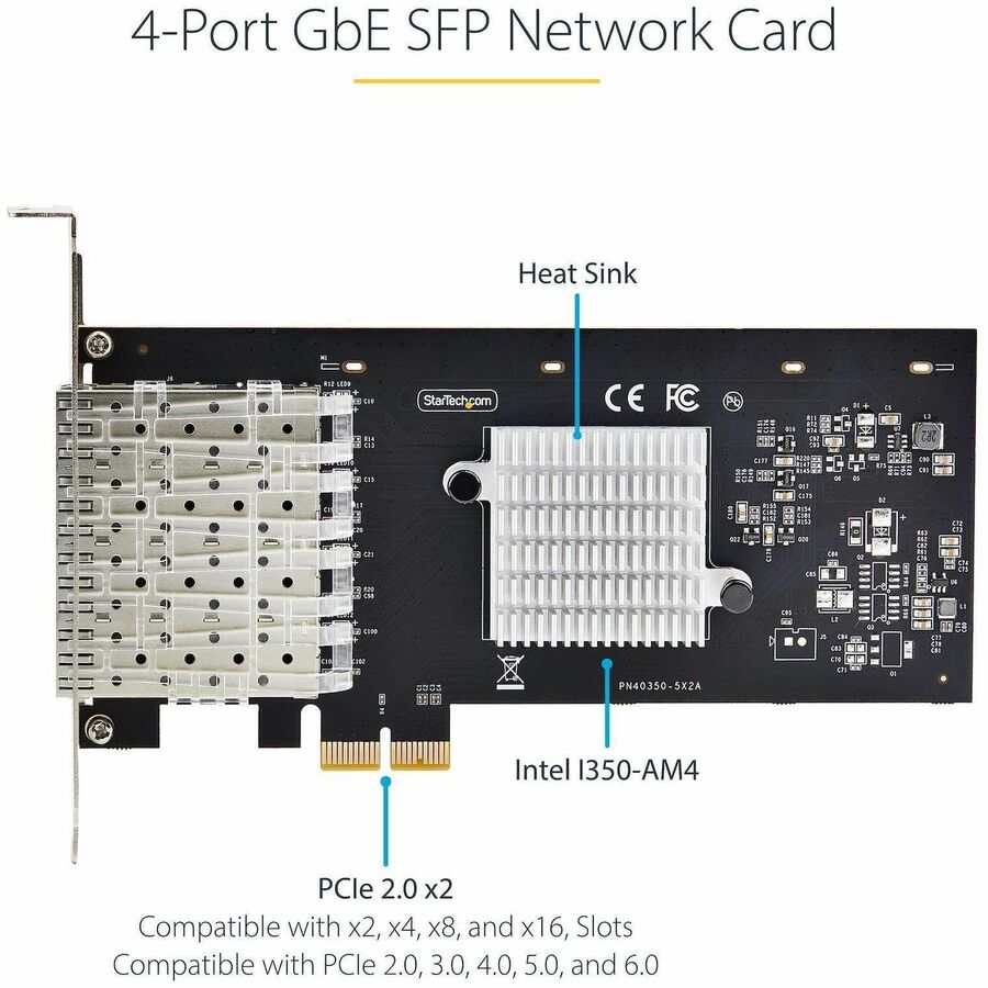 StarTech.com 4-Port GbE SFP Network Card, PCIe 2.0 x2 (x4, x8, x16 Compatible), Intel I350-AM4, Copper/Fiber Optic, Gigabit Ethernet P041GI-NETWORK-CARD
