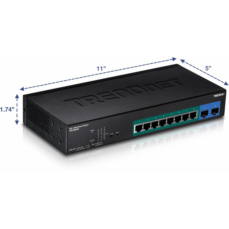 TRENDnet 10-Port Gigabit Web Smart PoE+ Switch, 8 x Gigabit PoE+ Ports, 2 x SFP Slots, Vlan, QoS, IPv6 Support, 20Gbps Switching Capacity, 75W PoE Power Budget, Lifetime Protection, Black, TPE-082WS TPE-082WS