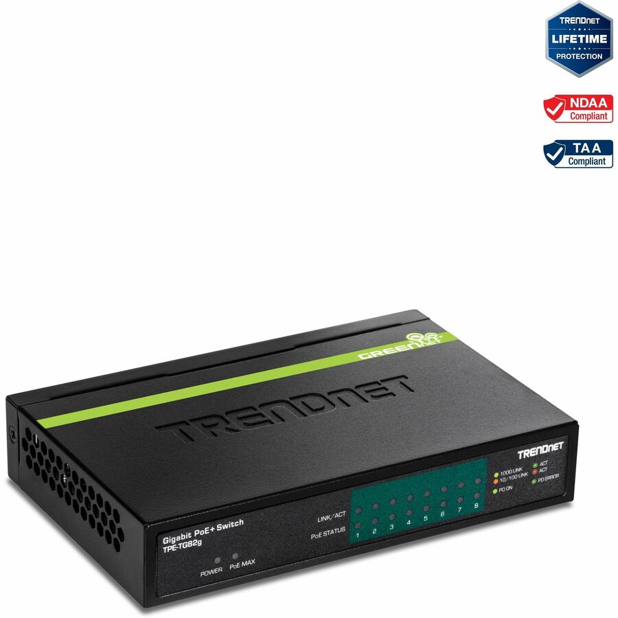 TRENDnet 8-Port GREENnet Gigabit PoE+ Switch, Supports PoE And PoE+ Devices, 61W PoE Budget, 16Gbps Switching Capacity, Data & Power Via Ethernet To PoE Access Points & IP Cameras, Black, TPE-TG82G TPE-TG82g