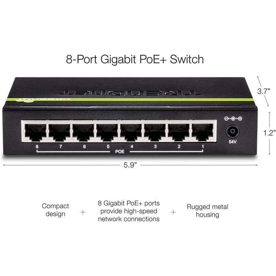 TRENDnet 8-Port GREENnet Gigabit PoE+ Switch, Supports PoE And PoE+ Devices, 61W PoE Budget, 16Gbps Switching Capacity, Data & Power Via Ethernet To PoE Access Points & IP Cameras, Black, TPE-TG82G TPE-TG82g