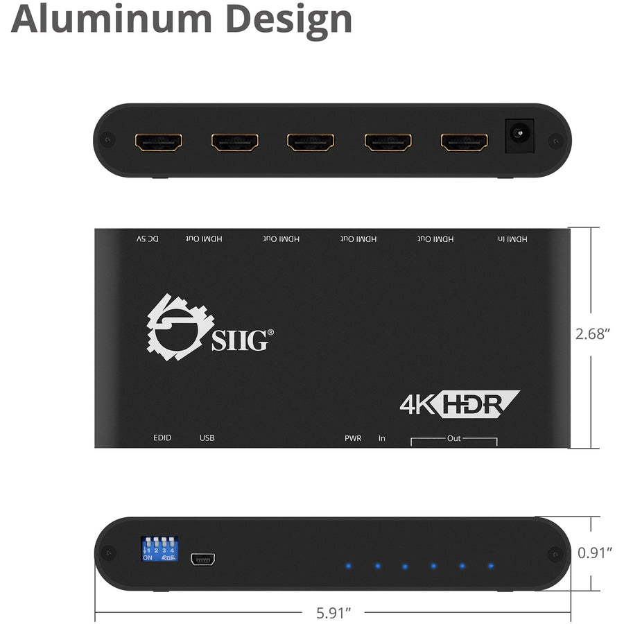 SIIG 1x4 HDMI 2.0 Splitter / Distribution Amplifier with Auto Video Scaling - 4K 60Hz HDR CE-H22Y11-S1