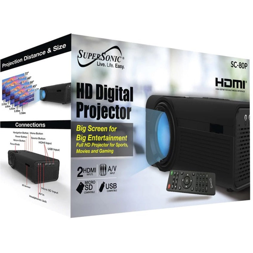 Supersonic SC-80P LCD Projector - 5:3 - Wall Mountable, Ceiling Mountable - Black SC-80P