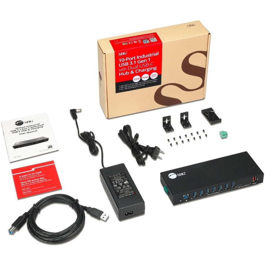 SIIG 10 Port Industrial USB 3.1 Gen 1 Hub with Dual USB-C & 65W Charging ID-US0811-S1