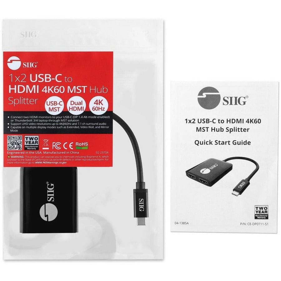 SIIG 1x2 USB-C to HDMI 4K60 MST Hub Splitter CE-DP0T11-S1