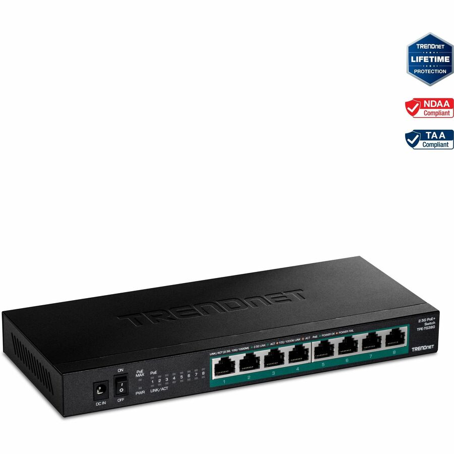 TRENDnet 8-Port Unmanaged 2.5G PoE+ Switch, Fanless, Compact Desktop Design, Metal Housing, 2.5GBASE-T Ports, IEEE 802.3bz, 100W PoE Budget, Lifetime Protection, Black, TPE-TG380 TPE-TG380