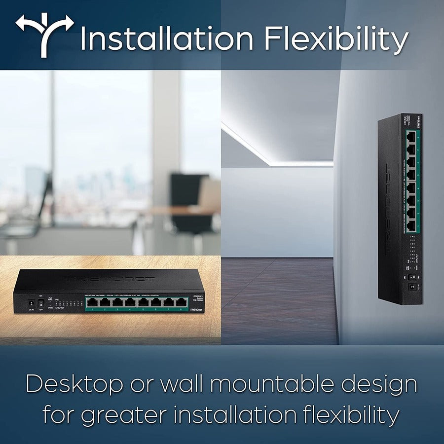 TRENDnet 8-Port Unmanaged 2.5G PoE+ Switch, Fanless, Compact Desktop Design, Metal Housing, 2.5GBASE-T Ports, IEEE 802.3bz, 100W PoE Budget, Lifetime Protection, Black, TPE-TG380 TPE-TG380