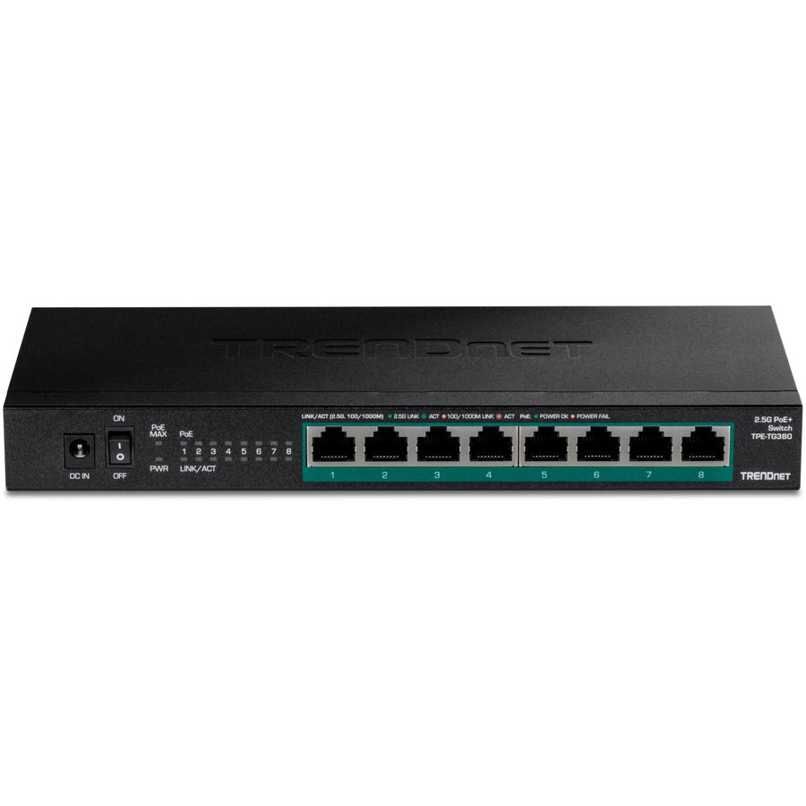 TRENDnet 8-Port Unmanaged 2.5G PoE+ Switch, Fanless, Compact Desktop Design, Metal Housing, 2.5GBASE-T Ports, IEEE 802.3bz, 100W PoE Budget, Lifetime Protection, Black, TPE-TG380 TPE-TG380