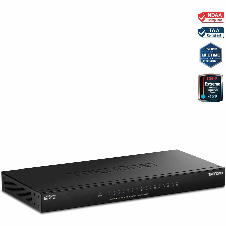 TRENDnet 16-Port Unmanaged 2.5G Desktop Network Ethernet Switch, TEG-S3160, 16 x 2.5Gb RJ-45 Ports, 80Gbps Switching Capacity, NDAA TAA Compliant, Lifetime Protection, Black TEG-S3160