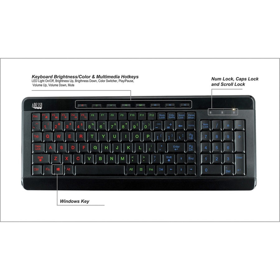 Adesso 3-Color Illuminated Compact Multimedia Keyboard AKB-120EB