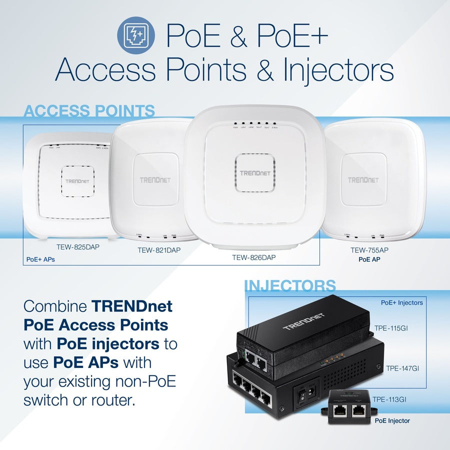 TRENDnet AC1200 Dual Band PoE Indoor Access Point, MU-MIMO, 867 Mbps WiFi AC, 300 Mbps WiFi N Bands, Client Bridge, Repeater Modes, Gigabit PoE LAN Port, Captive Portal For Hotspot, White, TEW-821DAP TEW-821DAP