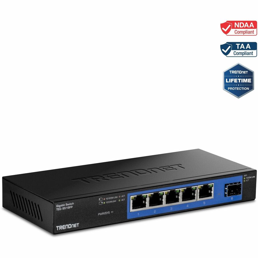 TRENDnet TEG-S51SFP, 5-Port Gigabit Compact Metal Desktop Switch with Gigabit SFP Slot, Fanless Design, Wall Mountable TEG-S51SFP