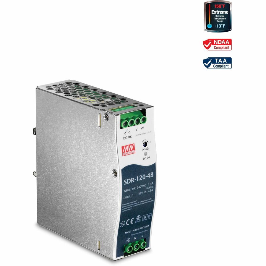 TRENDnet 120 W Single Output Industrial DIN-Rail Power Supply, Extreme -25 to 70 °C (-13 to 158 °F) Operating Temp, Power Supply 120W, DIN-Rail Mount, Overload Protection, Silver, TI-S12048 TI-S12048