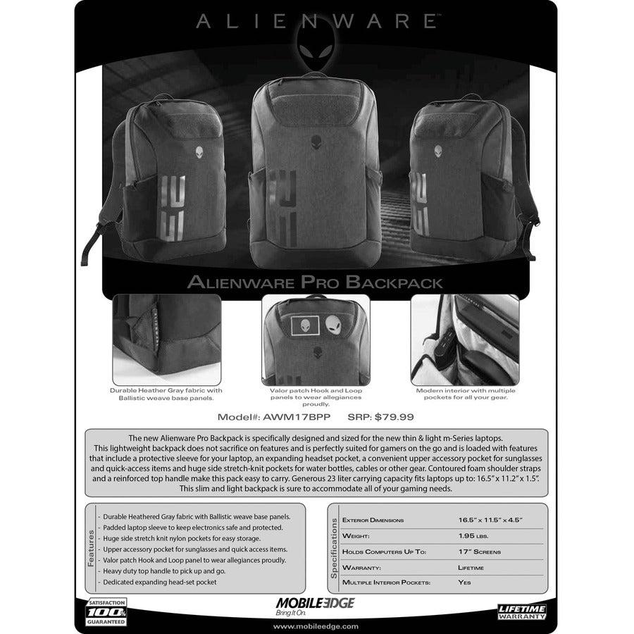 Mobile Edge Alienware Carrying Case (Backpack) for 17.1" Alienware Notebook - Gray AWM17BPP