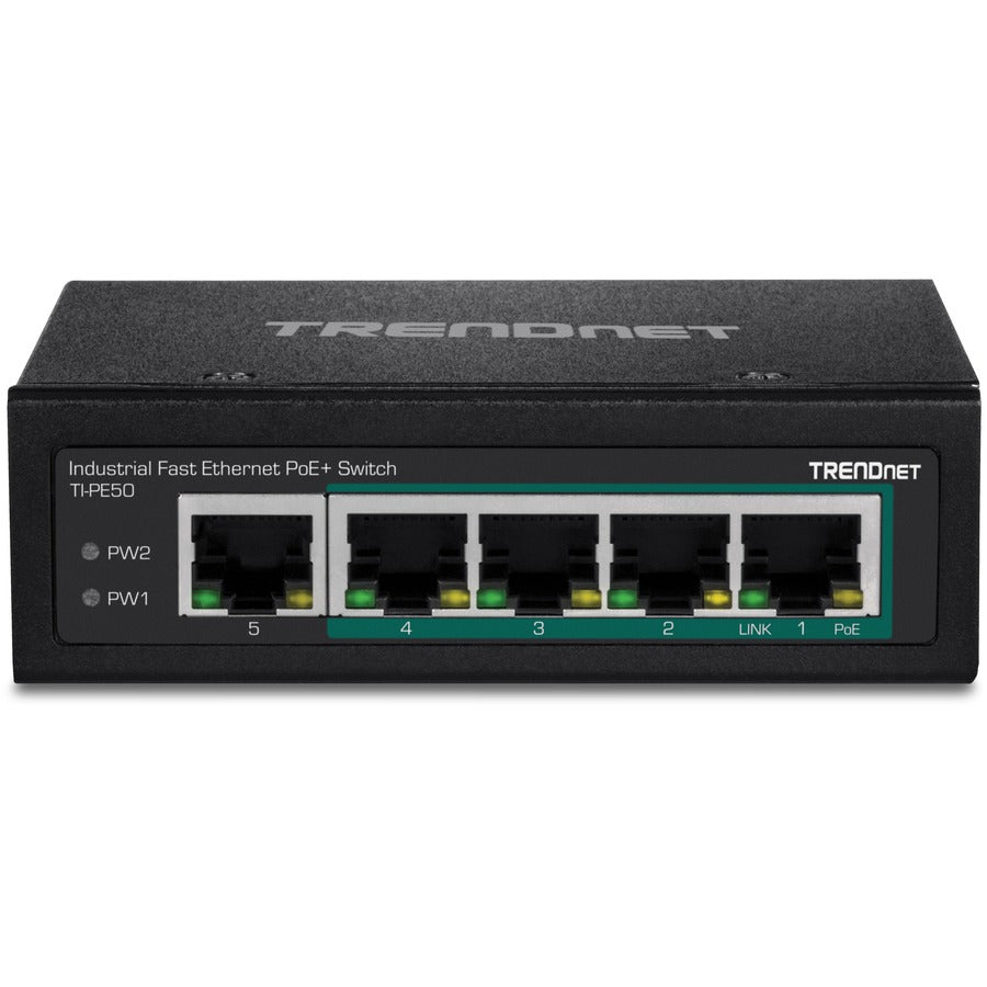 TRENDnet 5-Port Industrial Fast Ethernet DIN-Rail Switch, 4 x Fast Ethernet PoE+ Ports, 1 x Fast Ethernet Port, 90W PoE Power Budget, DIN-Rail, IP30 Rated, Lifetime Protection, Black, TI-PE50 TI-PE50