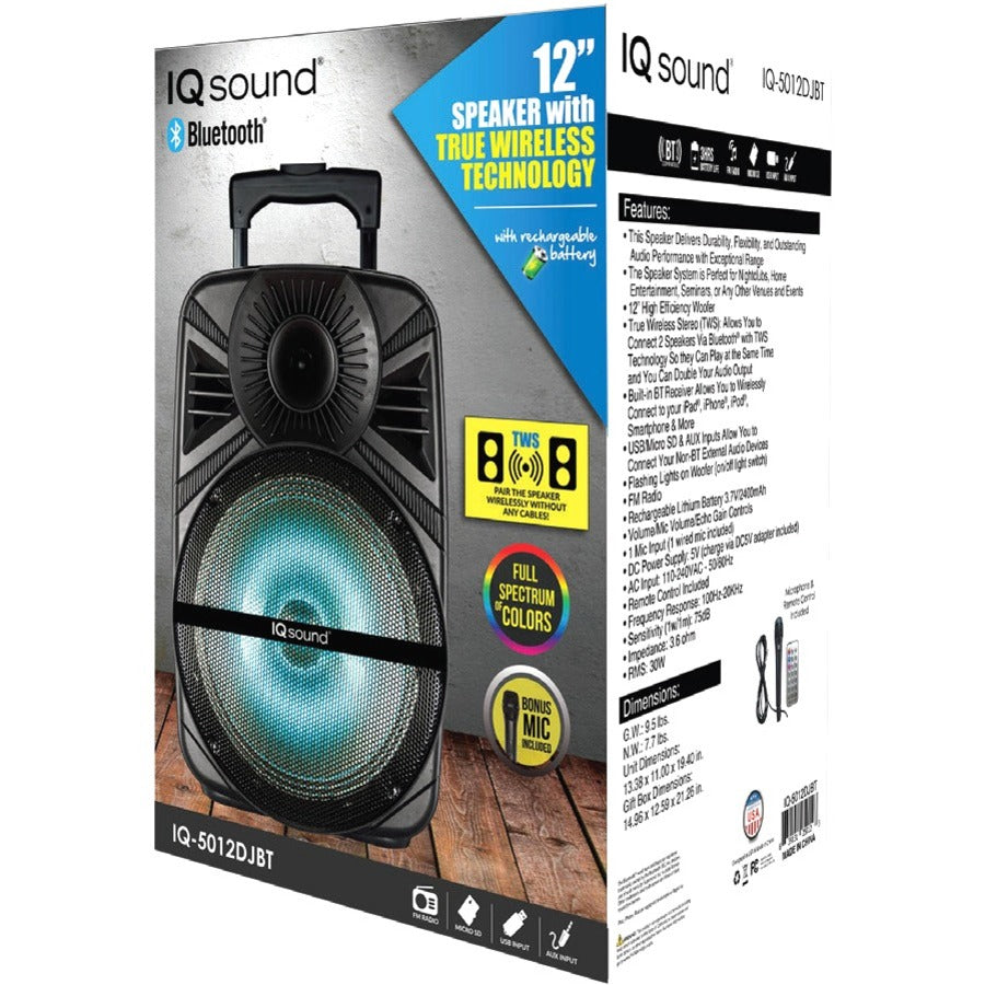 IQ Sound IQ-5012DJBT Portable Bluetooth Speaker System - 30 W RMS - Black IQ-5012DJBT