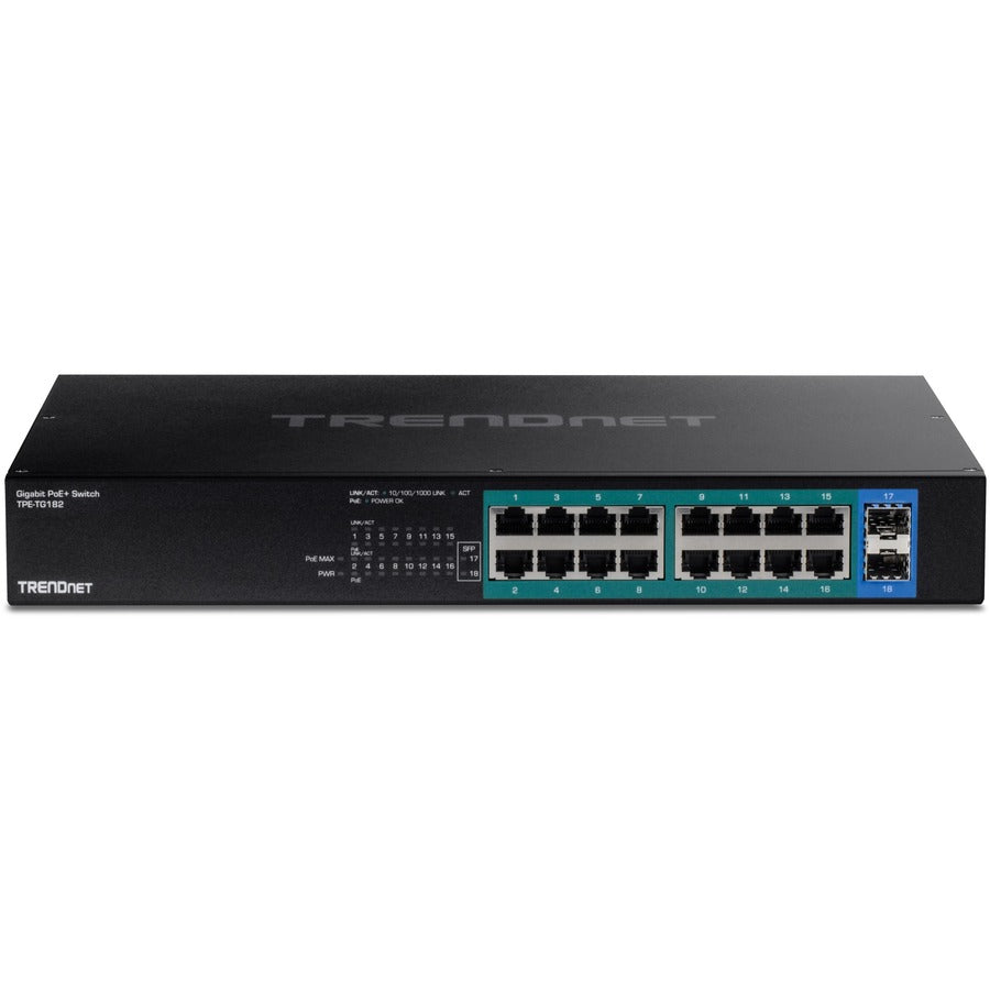 TRENDnet 18-Port Gigabit PoE+ Switch, 16 x 30W PoE+ Ports, 2 Gigabit SFP Slots, 240W PoE Budget, 36Gbps Switching Capacity, 1U 19" Rack Mountable, Lifetime Protection, Black, TPE-TG182 TPE-TG182