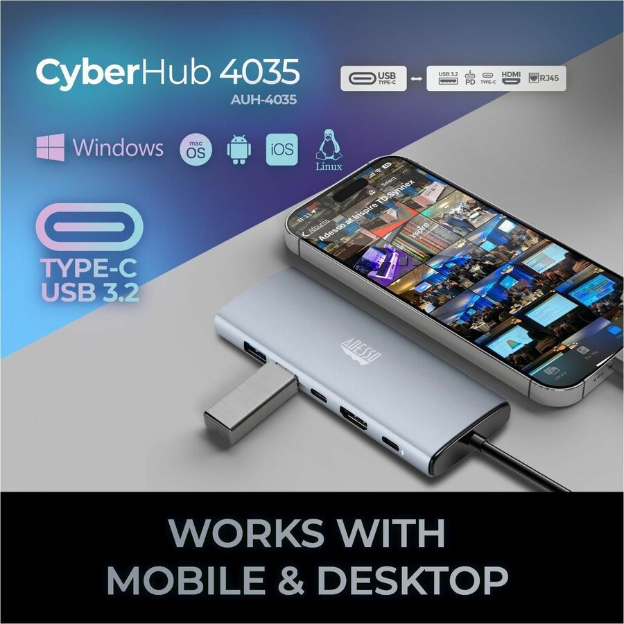 Adesso AUH-4035 7 in 1 Docking Station, Supports USB C to x1 4K HDMI, 3x USB-A 3.2, 1x PD, 1x Micro SD, 1x SD Card AUH-4035