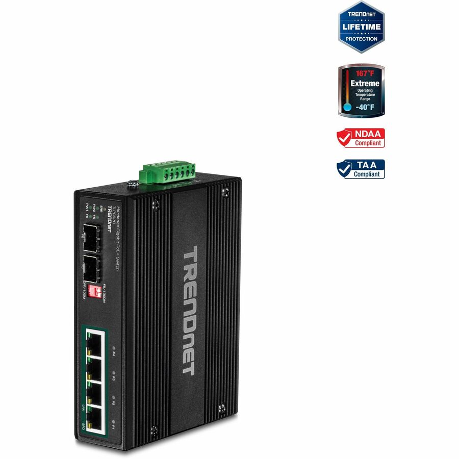 TRENDnet 6-Port Hardened Industrial Unmanaged Gigabit 10/100/1000Mbps DIN-Rail Switch, 4 x Gigabit PoE+ Ports, 2 x Dedicated SFP Slots, Lifetime Protection, Black, TI-PG62B TI-PG62B