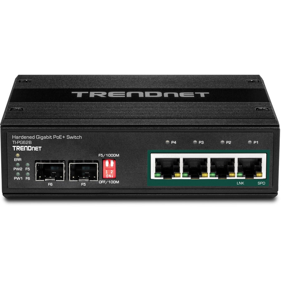 TRENDnet 6-Port Hardened Industrial Unmanaged Gigabit 10/100/1000Mbps DIN-Rail Switch, 4 x Gigabit PoE+ Ports, 2 x Dedicated SFP Slots, Lifetime Protection, Black, TI-PG62B TI-PG62B