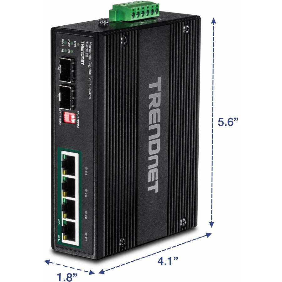 TRENDnet 6-Port Hardened Industrial Unmanaged Gigabit 10/100/1000Mbps DIN-Rail Switch, 4 x Gigabit PoE+ Ports, 2 x Dedicated SFP Slots, Lifetime Protection, Black, TI-PG62B TI-PG62B